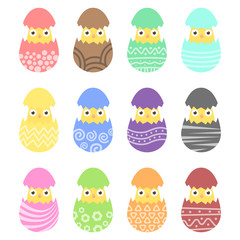 Set easter chiken in egg with ornament. Pack icon colorful chik in egg