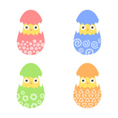 Set easter chiken in egg with ornament. Pack icon colorful chik in egg