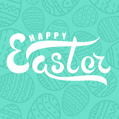Fototapeta premium Handwritten lettering happy easter on background jade easter egg with ornament