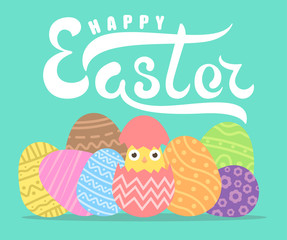 Handwritten lettering happy easter  and chiken in easter egg with ornament