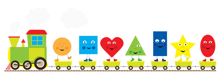 
The train with funny dancing basic geometric shapes/ educational illustration for children - obrazy, fototapety, plakaty