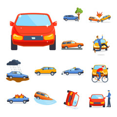 Naklejka premium Car crash collision traffic insurance safety automobile emergency disaster and emergency disaster speed repair transport vector illustration.