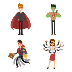 Superhero business man woman vector illustration set character success cartoon power concept businessman strong person silhouette leader team isolated