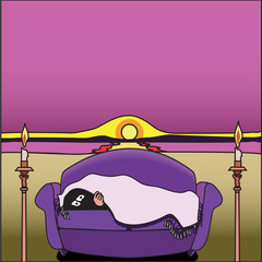 Obraz premium Single figure under a blanket where frightened eyes and one hand only are visible. The couch sits between two candelabras and a sun sets like an eye on the horizon. 