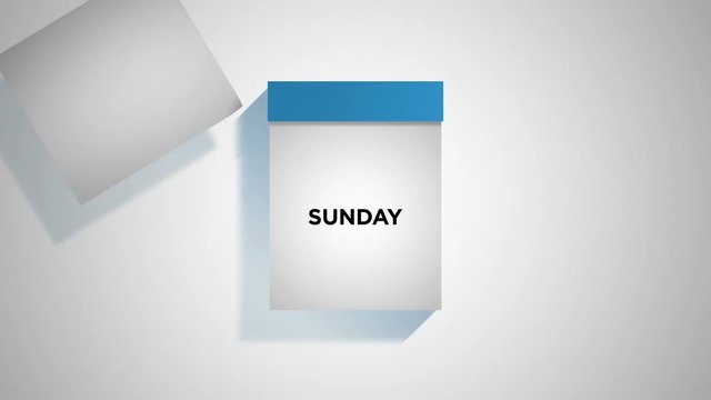 Blue calendar on a white background, flipping through the days of the week. Pages are torn off and fly away to the left. Loopable computer generated animation including luma matte.