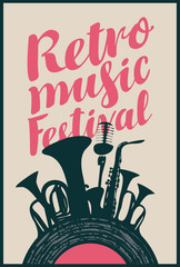 Template Poster for retro music festival with saxophone, wind instruments, microphone and vinyl record