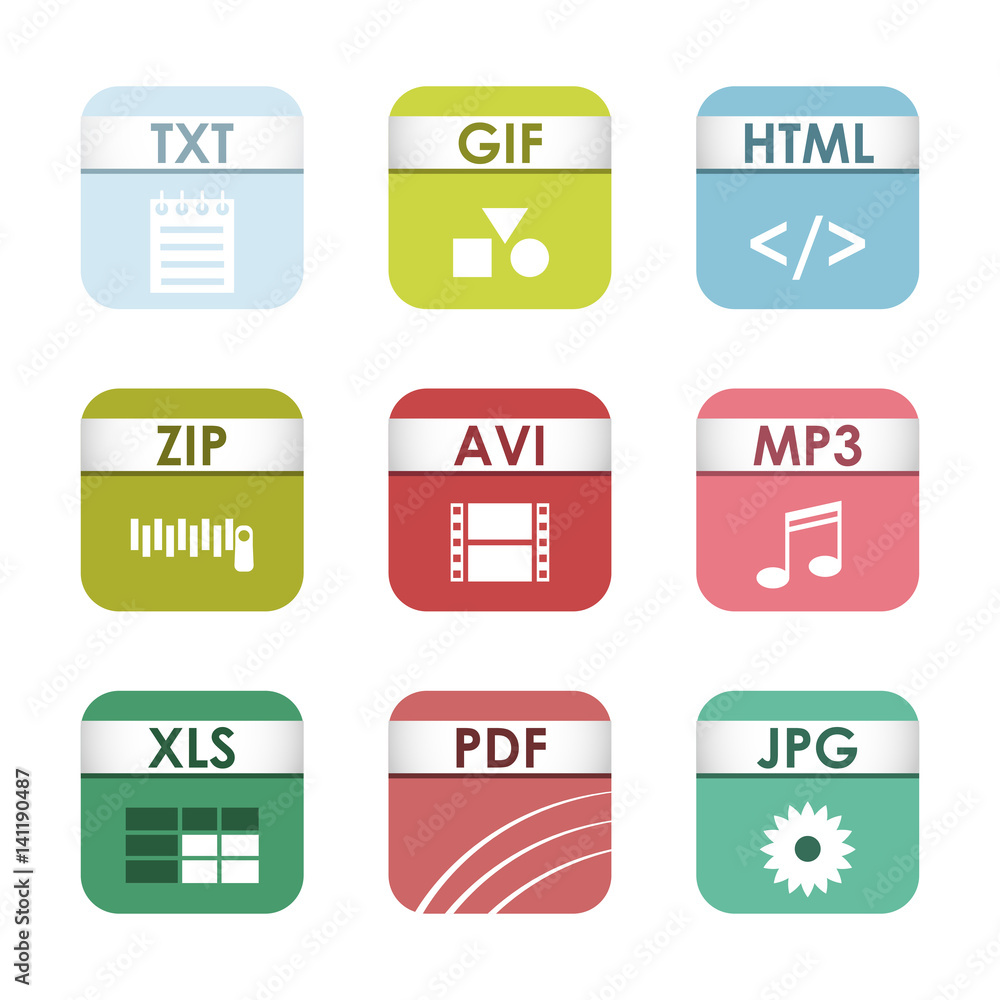 Aufkleber simple square file types formats labels icon set presentation document symbol and audio extension gr