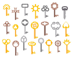 Vintage or antique door key isolated access household tool retro metal security house protection and decorative skeleton ornate secret sign vector illustration.