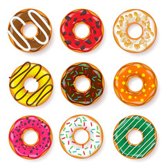 Donut, begel with cream. Cookies,cookie cake set. Sweet dessert. with sugar,caramel. Tasty breakfast. Cooking. Cafateria food, snack. Coffee shop.Vector illustration.