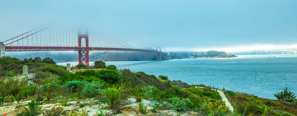 Panorama of Golden Gate Bridge with green grass as foreground from south shore. Symbol, icon and landmark of San Francisco, California, United States. Fog in summer. American travel concept.