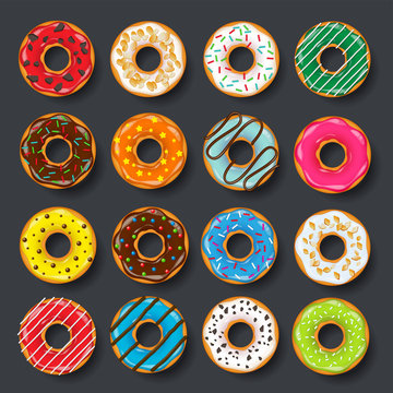 Donut, begel with cream. Cookies,cookie cake set. Sweet dessert. with sugar,caramel. Tasty breakfast. Cooking. Cafateria food, snack. Coffee shop.Vector illustration.