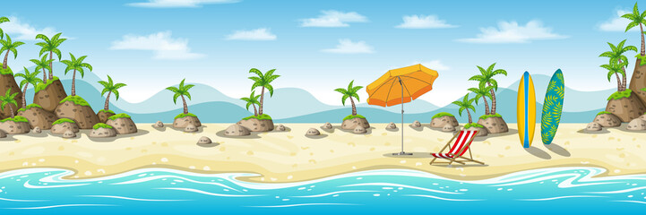 Fototapeta na wymiar Illustration of a tropical coastal landscape with deckchair, umbrella and surfboard