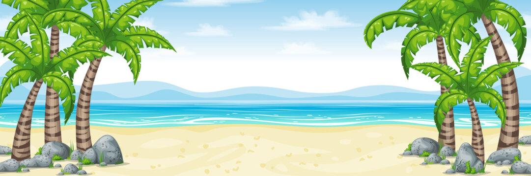 Illustration of a tropical coastal landscape, panorama
