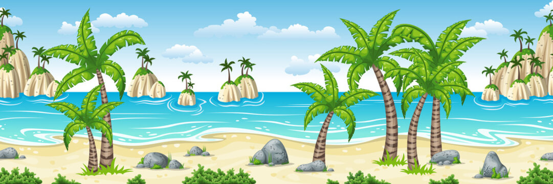 Illustration of a tropical coastal landscape with palms, panorama