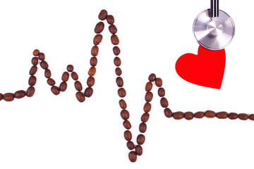 Cardiogram line of coffee grains, red heart and stethoscope, medicine and healthcare concept