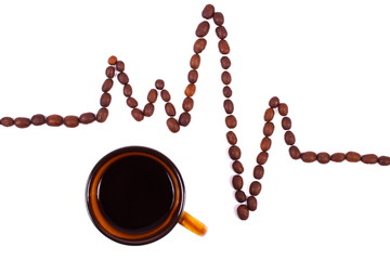 Cardiogram line of coffee grains and cup of coffee, medicine and healthcare concept