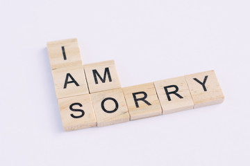 Text wooden blocks spelling the word i am sorry on white background