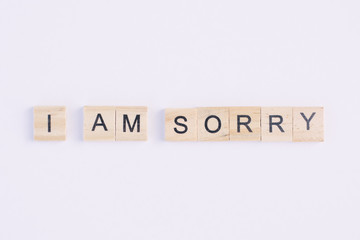 Text wooden blocks spelling the word i am sorry on white background