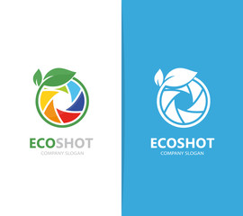 Vector of a camera shutter and leaf logo combination. Photography and eco symbol or icon. Unique photo and natural, organic logotype design template.