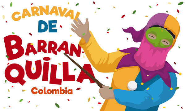 Traditional Monocuco with Confetti Rain Commemorating the Barranquilla's Carnival, Vector Illustration