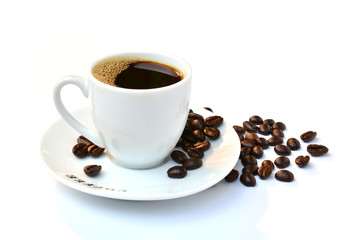 coffee beans and coffee cup isolated on white background