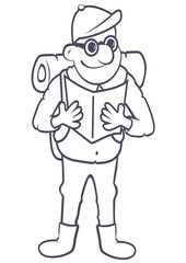 Tourist and tourist guide. Vector icon. Black and white outline. Man with rucksack and map.