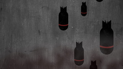 Dropping bombs over smoky background with space for your logo or text. Grunge illustration of war torpedo background, cartoon Stop War Concept.