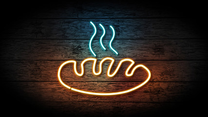 Realistic 3D illustration of Neon hot Bread on grunge wooden wall with copy space, food and drinks sign, fast food and health care concept. bakery neon sign.