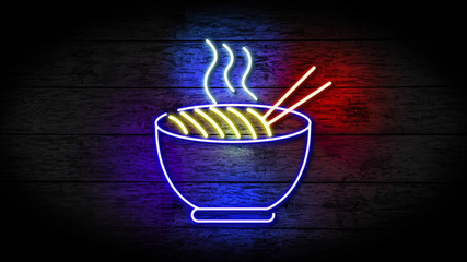 Realistic 3D illustration of Neon Noodle sign on grunge wood with copy space, food and drinks sign, fast food and health care concept. Chinese food sign. Restaurant neon sign.