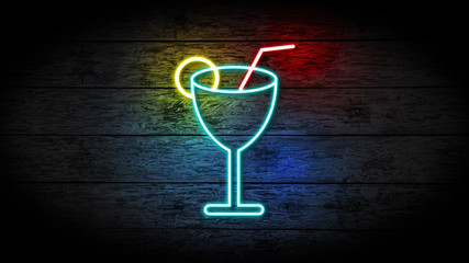 Realistic 3D illustration of Neon Cocktail sign on grunge wood with copy space, food and drinks sign, fast food and health care concept. A glass of juice neon sign.