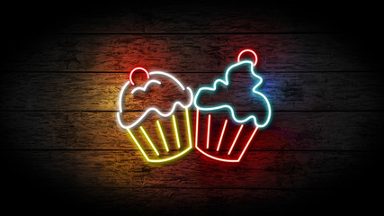 Realistic 3D illustration of Neon Cupcakes sign on grunge wooden wall with copy space, food and drinks sign, fast food and health care concept. bakery neon sign.