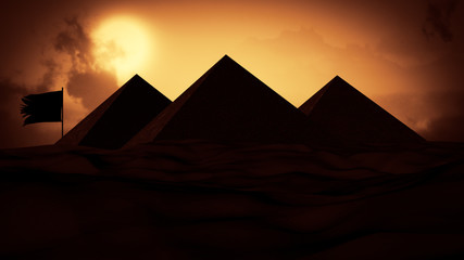 Fototapeta na wymiar Realistic 3D illustration sun set in the desert, Big sun and some clouds with behind The Pyramids of Giza. Desert Background. the evening time over the Pyramids in Egypt.