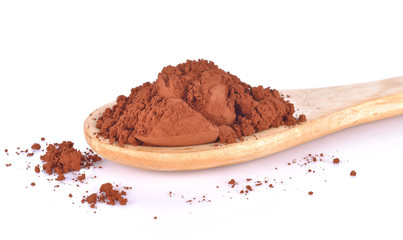 Cocoa powder in a wooden spoon on a white background