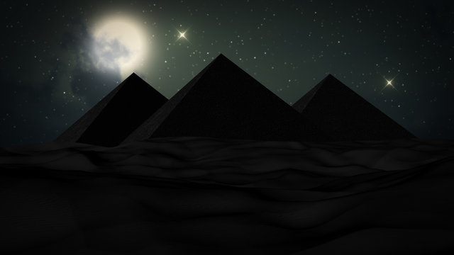 Realistic 3D illustration Night in the desert, Big moon and some clouds with Stars Above The Pyramids of Giza. Desert Background. The Milky Way rises over the Pyramids in Egypt.