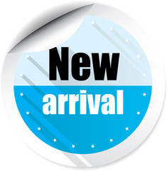 New arrival blue colorful label, sticker, sign, icon and stamp with crown on white background.