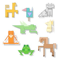 Set primitive colorful animal characters with shadow on white ba