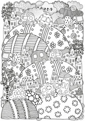Pattern for coloring book with houses and cars.