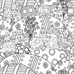 Seamless Pattern with houses and cars.