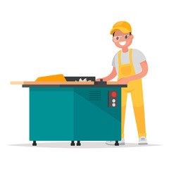 Carpenter makes the product on the woodworking machine. Vector illustration in a flat style