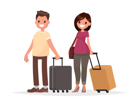 Happy couple with luggage on white background. A man and a woman with suitcases