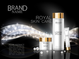 Premium cosmetic ads. Skin care with pearl extract and white bottle and cream on abstract shiny wave design element with glitter effect on black background. Vector illustration.
