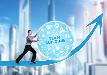 Technology, the Internet, business and network concept. A young businessman overcomes an obstacle to success: Team building
