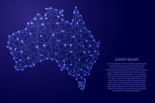 Map of Australia from polygonal blue lines and glowing stars vector illustration