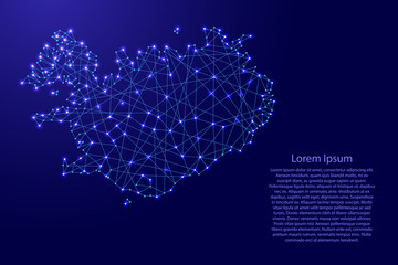 Map of Iceland from polygonal blue lines and glowing stars vector illustration