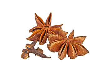 Star anise and cloves isolated on white background, Spices