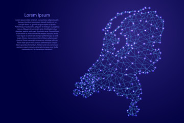 Map of Netherlands from polygonal blue lines and glowing stars vector illustration
