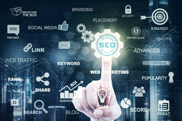 Businesswoman hand touching SEO icon