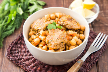chickpeas with meat with vegetables and greens