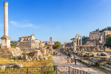 Rome, Italy. Ruins of Roman Forum: Column of Phocas, Temple of Antoninus and Faustina, Honorary...