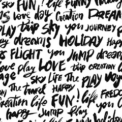 Seamless pattern with words love, fun, sky, travel, holiday and other